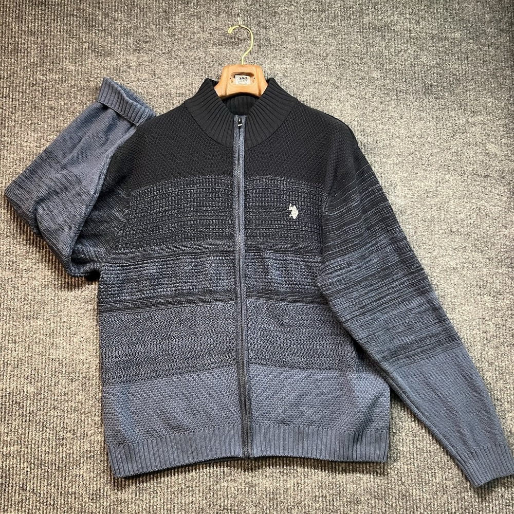 US Polo Assn Knit Sweater Mens XL Mock Neck Long Sleeve Full Zip Black Blue‎